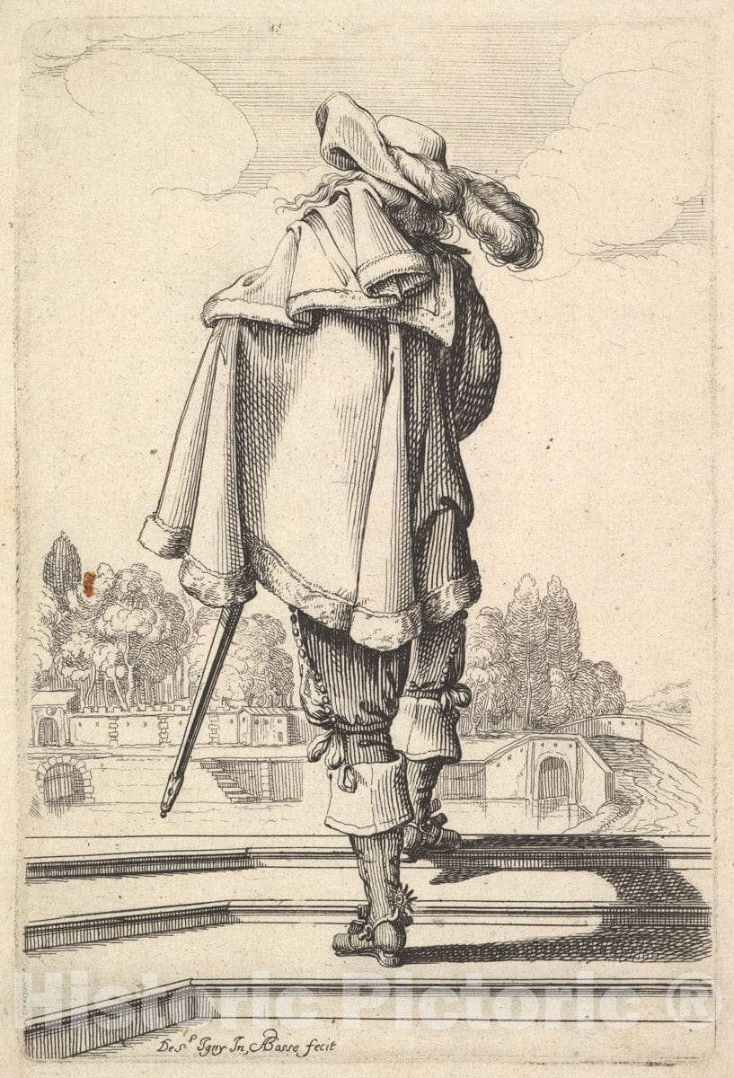Art Print : Abraham Bosse - A Gentleman, seen from Behind, Walking up a Parapet, with a Cloak Over his Left Shoulder, Wearing a plumed hat and Boots with Spurs : Vintage Wall Art