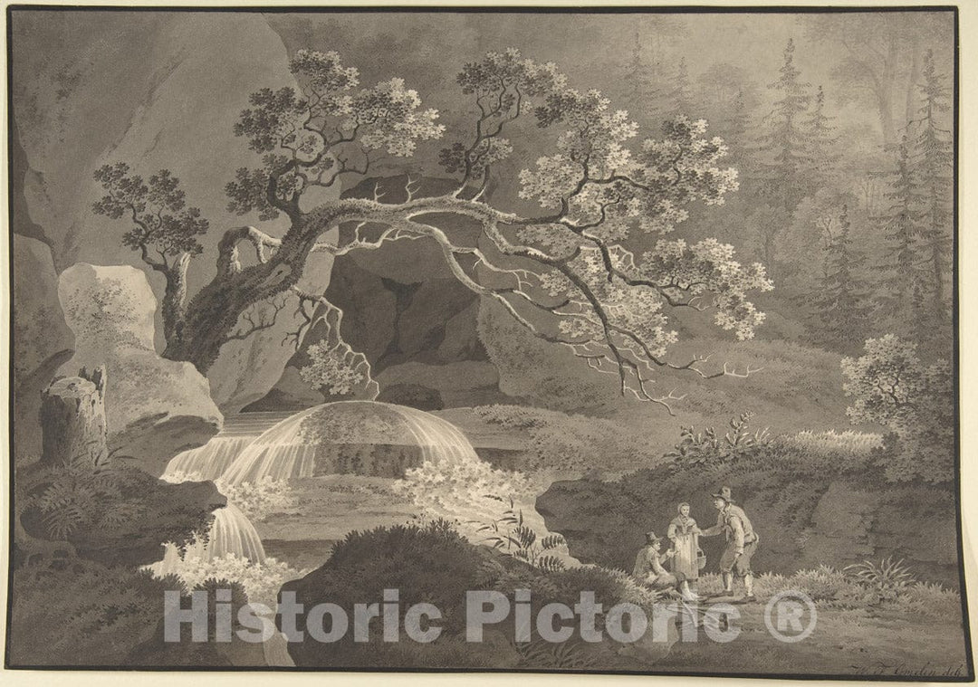 Art Print : Friedrich Wilhelm Gmelin - Landscape with Waterfall : Vintage Wall Art