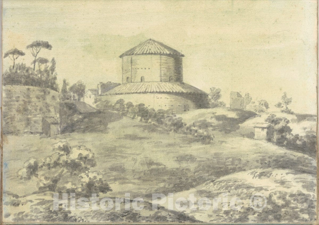 Art Print : Joseph Wright (Wright of Derby) - Landscape with Granary (?) (Smaller Italian Sketchbook, Leaf 4 Recto) : Vintage Wall Art