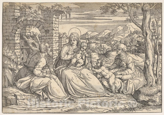 Art Print : Possibly by Anonymous - Holy Family with Elizabeth and St. John : Vintage Wall Art