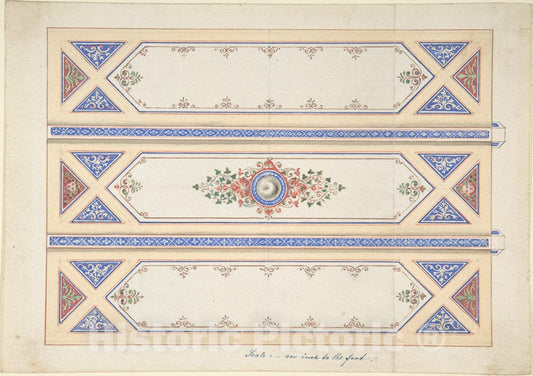 Art Print : British, 19th Century - Ceiling Design with Three Panels Divided by Beams : Vintage Wall Art