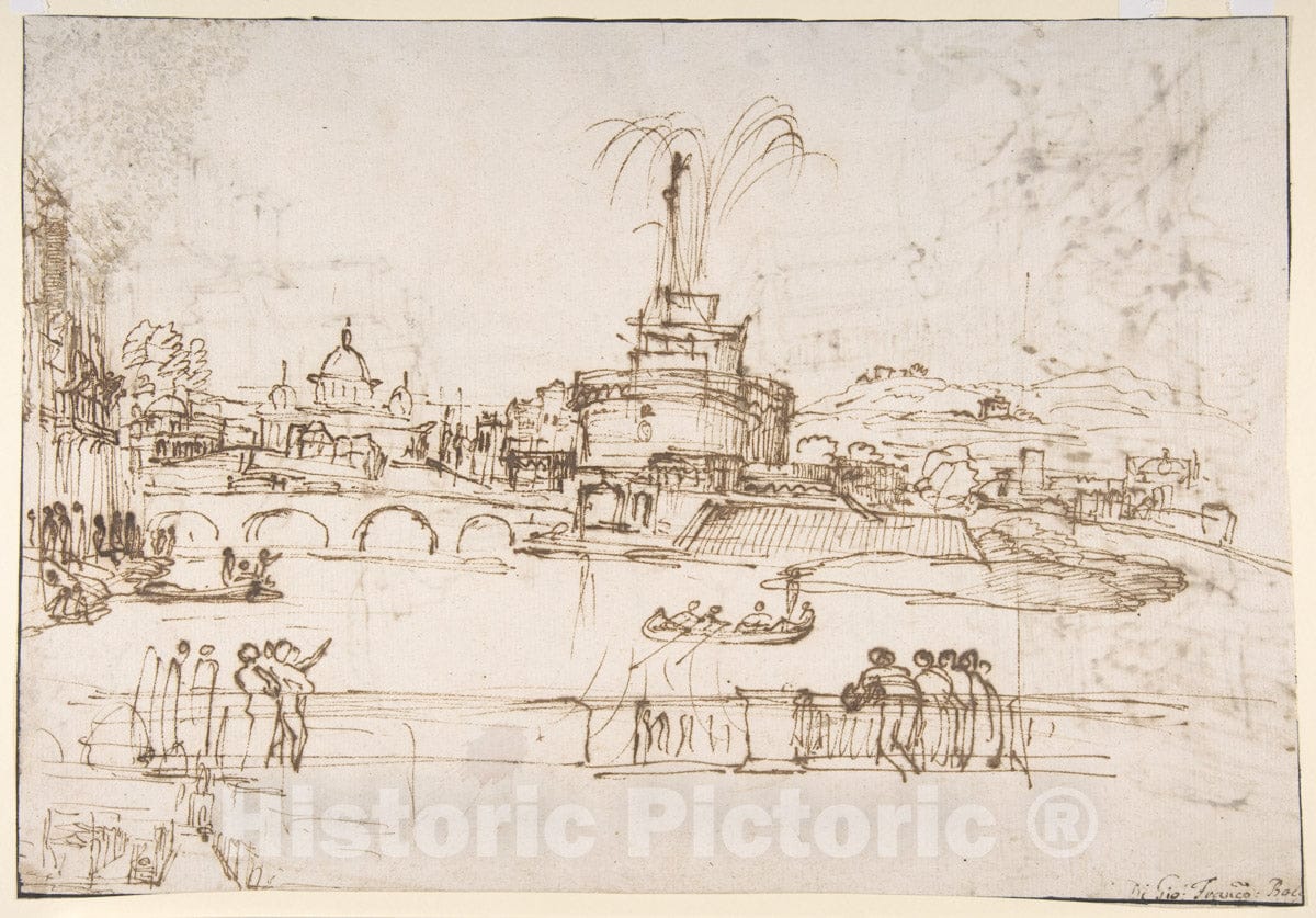 Art Print : Grimaldi  - Figures Watching a Display of Fireworks at Castel Sant'Angelo : Vintage Wall Art