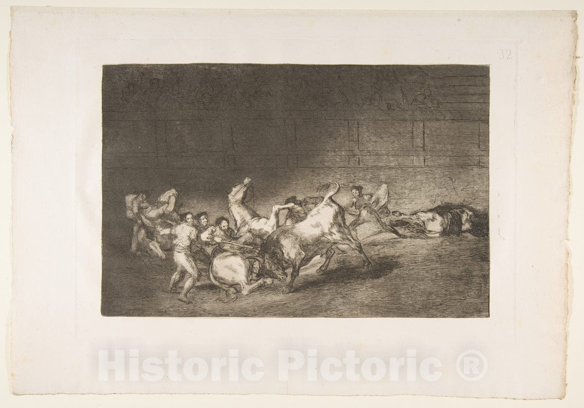 Art Print : Goya - Plate 32 from The 'Tauromaquia':Two Teams of picadors Thrown one After The Other by a Single Bull. : Vintage Wall Art