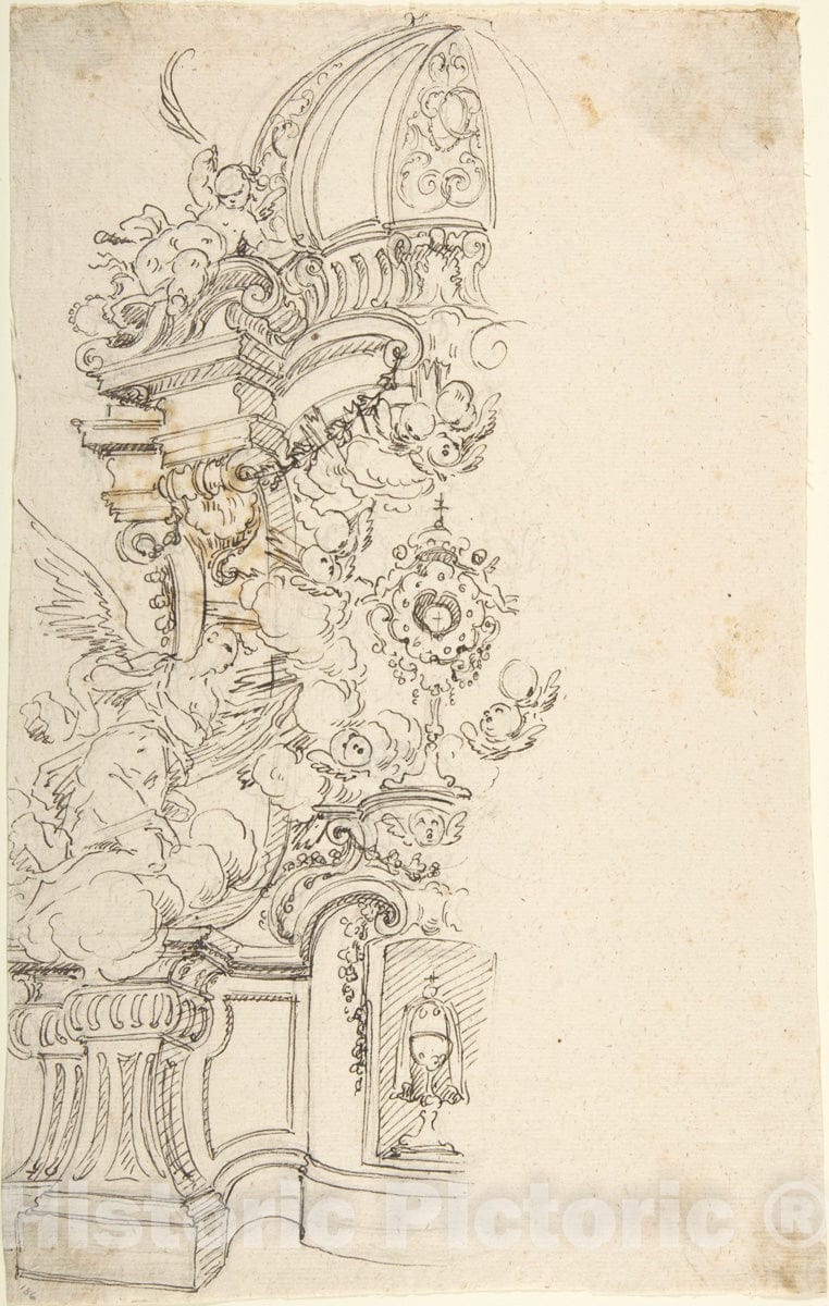 Art Print : Italian, Piedmontese, 18th Century - Design for One Half of an Altar, with an Angel (of The Annunciation) at The Left : Vintage Wall Art
