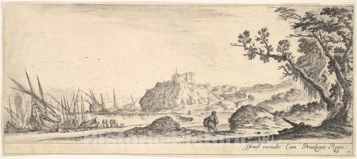 Art Print : Plate 7: Various Boats on Shore to Left - Artist: Stefano Della Bella - Created: c1641 2 : Vintage Wall Art