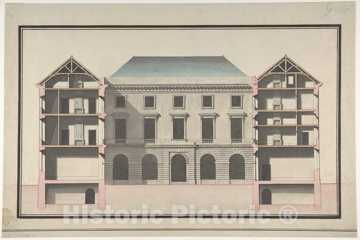 Art Print : Jean François Chalgrin - Design for The Collège de France, Paris: Elevation of Court Front with Traverse Sections Through Side Court Wings : Vintage Wall Art