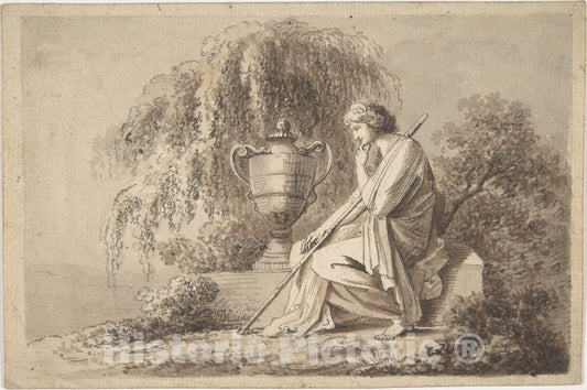 Art Print : Circle of Angelica Kauffmann - Female Figure Seated Beside an Urn : Vintage Wall Art