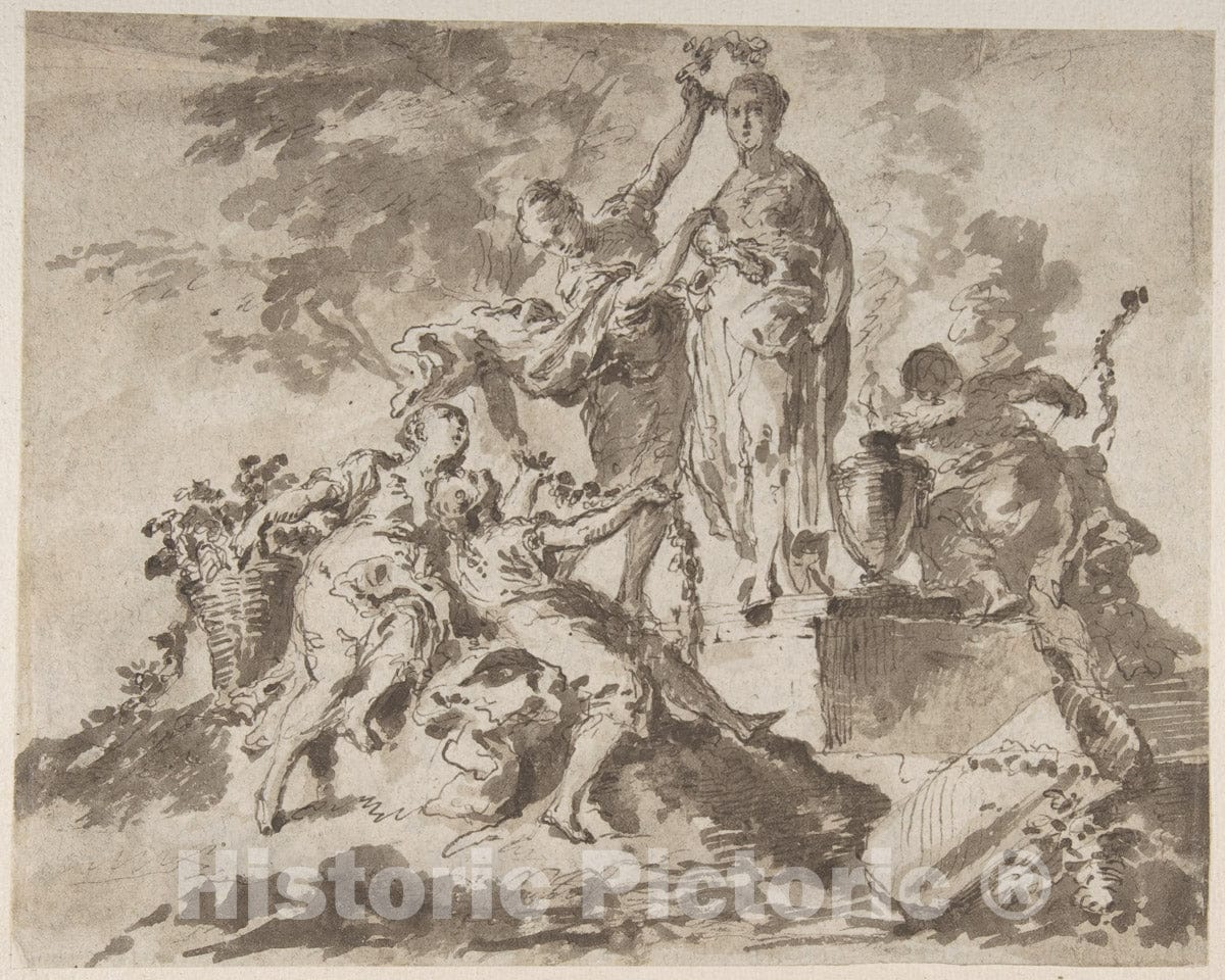 Art Print : Italian, Venetian, 18th Century - Nymphs Adorning The Statue of a Goddess (Recto); River God with Three Nymphs (Verso) : Vintage Wall Art