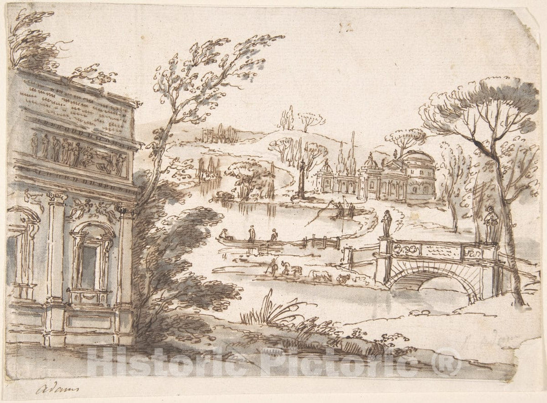 Art Print : Style of Robert Adam - Classical Landscape with Temples (Recto); Indecipherable Sketch, Possibly of a Seated Figure (Verso) : Vintage Wall Art