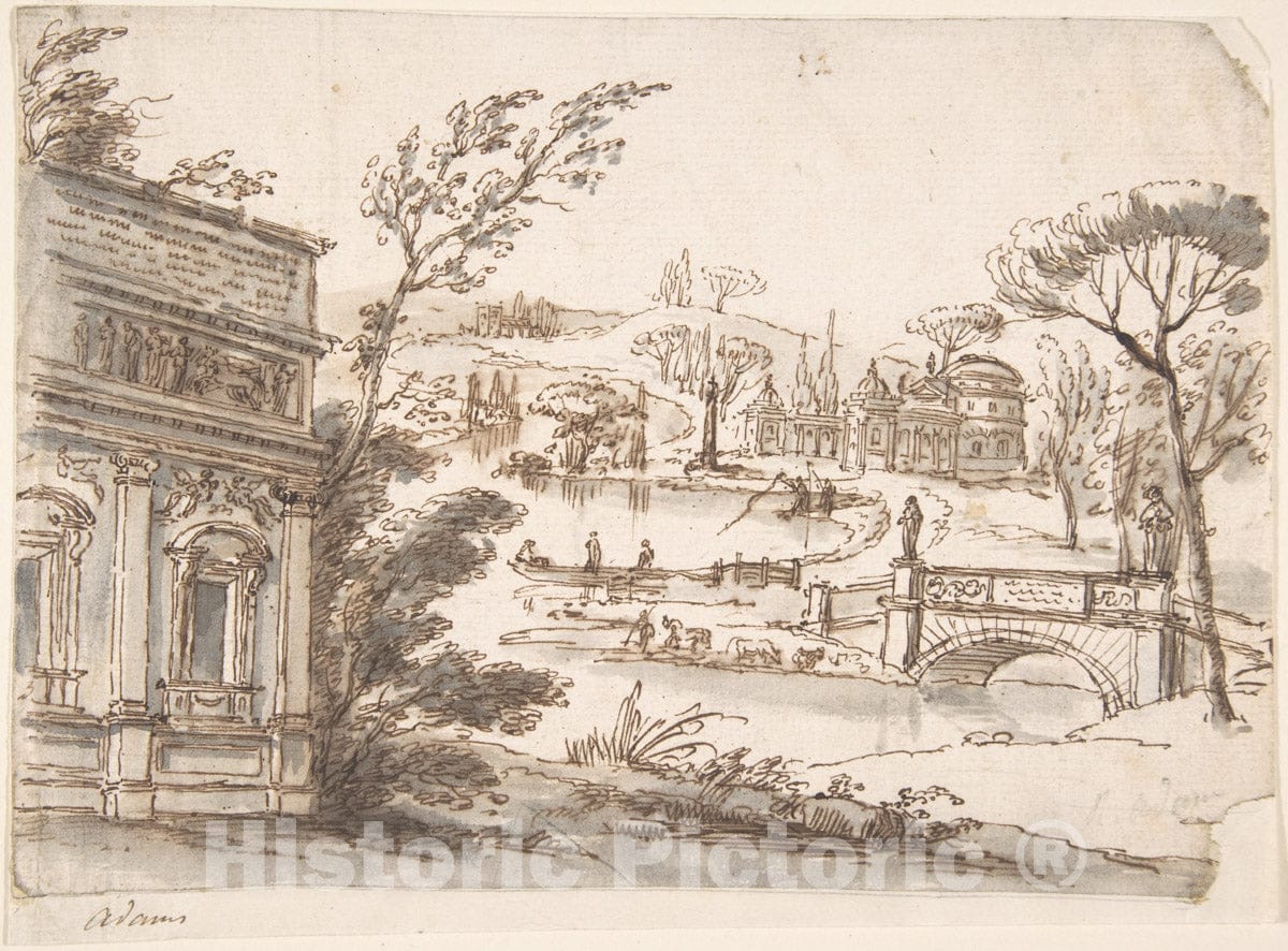 Art Print : Style of Robert Adam - Classical Landscape with Temples (Recto); Indecipherable Sketch, Possibly of a Seated Figure (Verso) : Vintage Wall Art