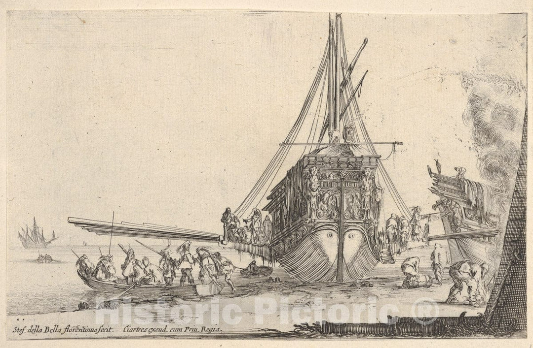 Art Print : A Galley embarking at Center - Artist: Stefano Della Bella - Created: c1645 : Vintage Wall Art