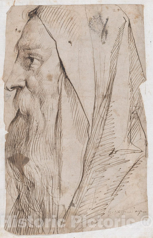 Art Print : Cavaliere d'Arpino (Giuseppe Cesari) - Head of a Bearded Man Wearing a Hood in Profile Facing Left : Vintage Wall Art