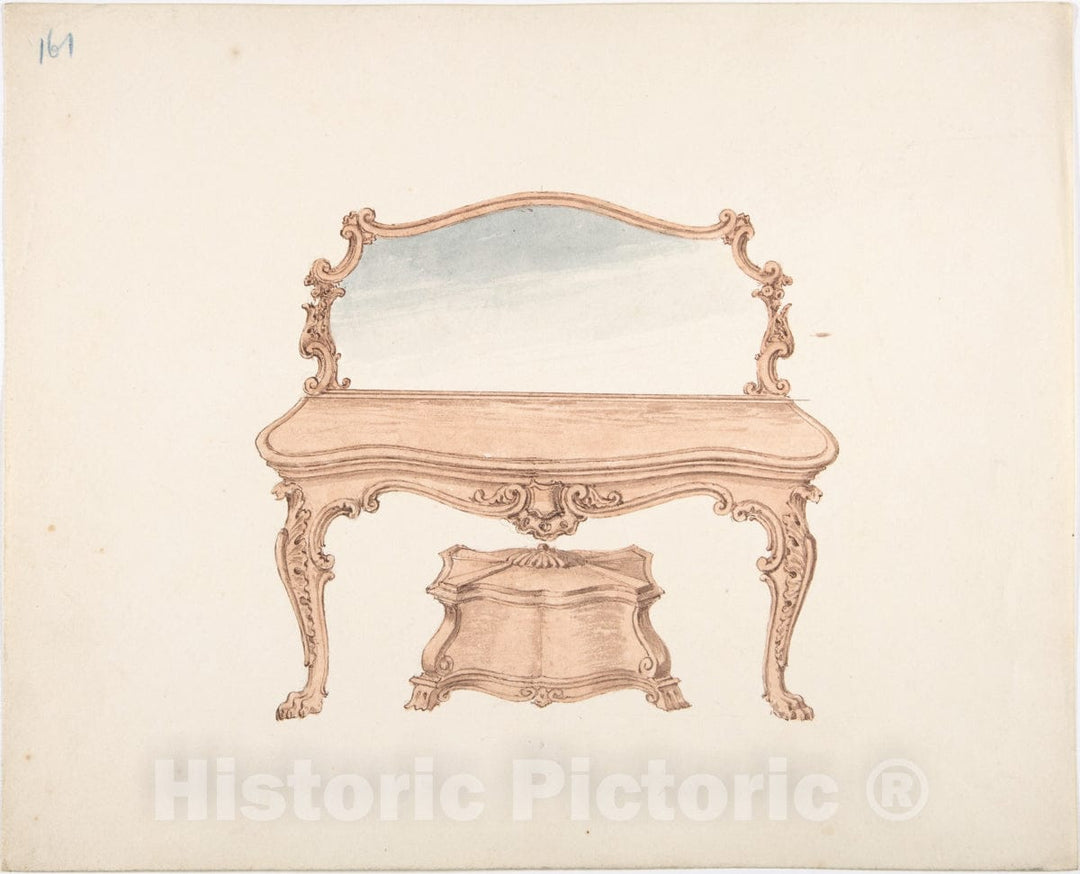 Art Print : British, 19th Century - Design for a Mirrored Dressing Table with Baroque Ornament, and a Casket : Vintage Wall Art