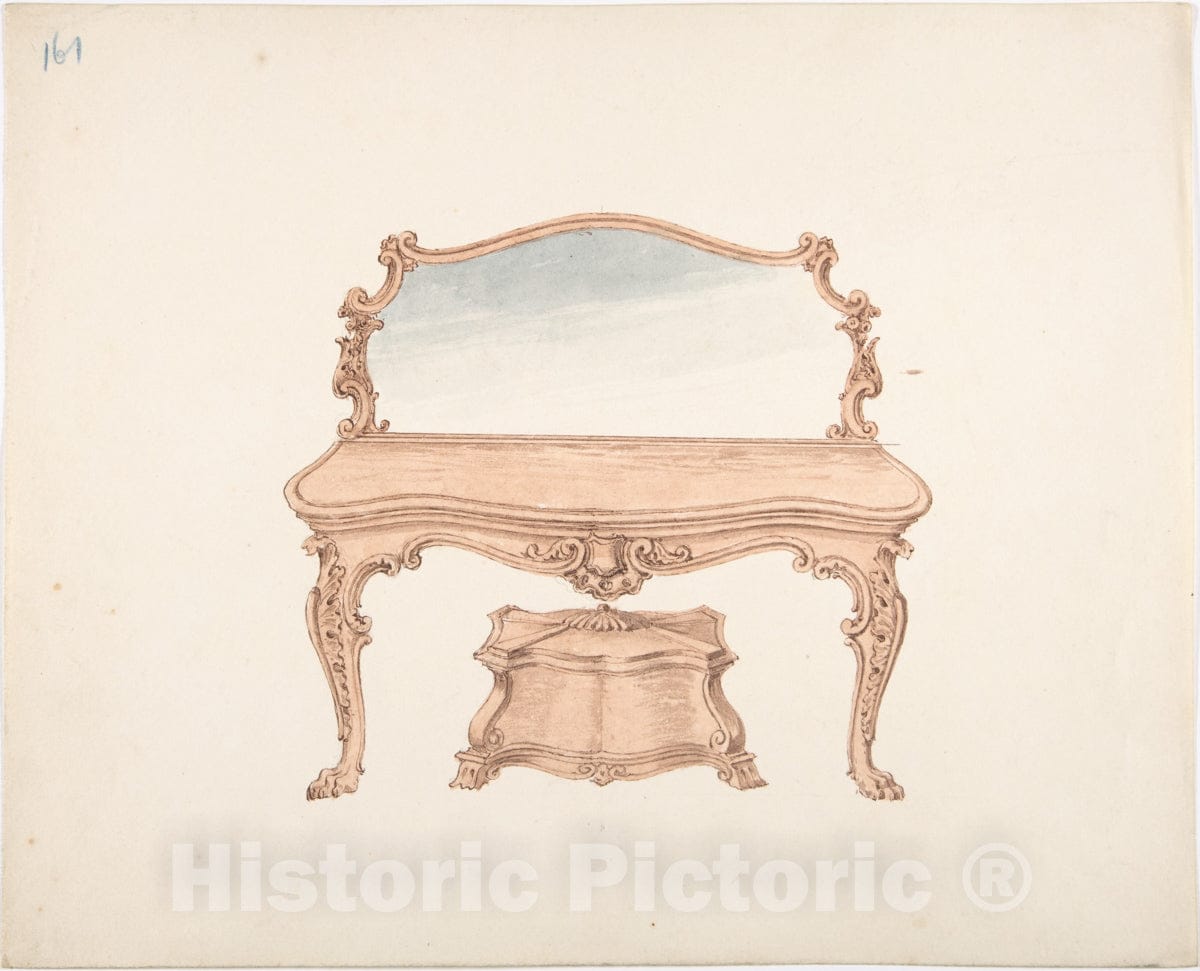 Art Print : British, 19th Century - Design for a Mirrored Dressing Table with Baroque Ornament, and a Casket : Vintage Wall Art