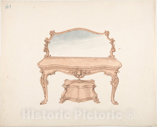 Art Print : British, 19th Century - Design for a Mirrored Dressing Table with Baroque Ornament, and a Casket : Vintage Wall Art