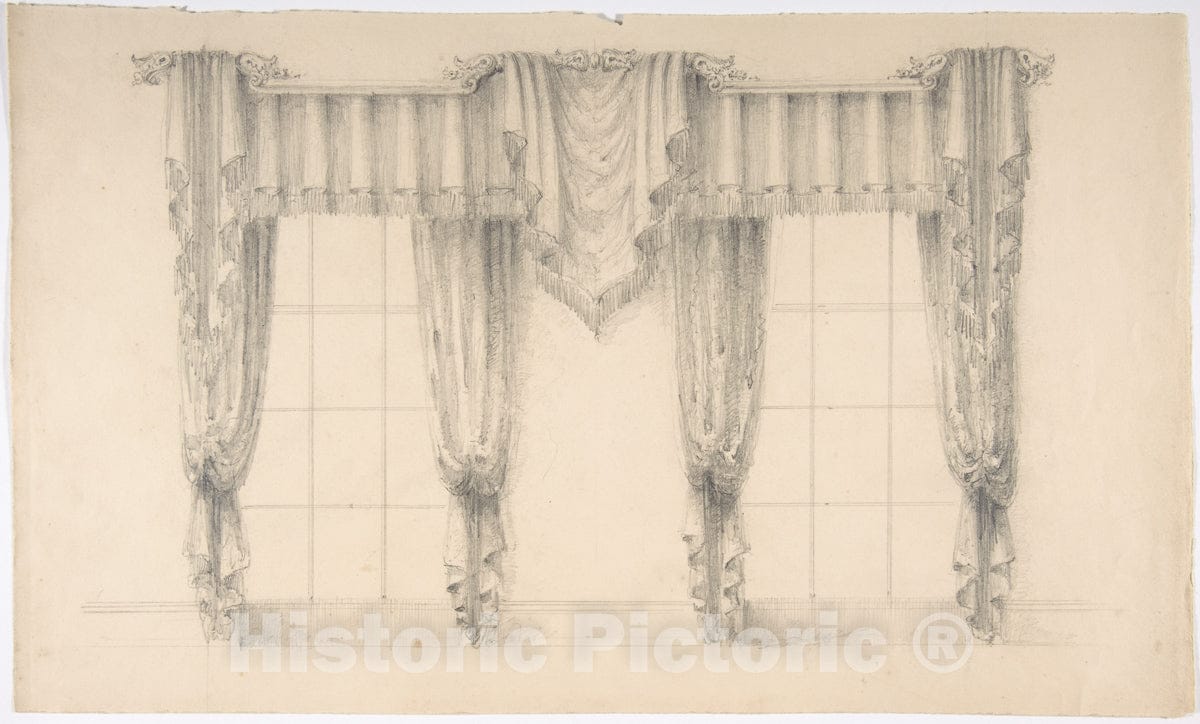 Art Print : British, 19th Century - Design for Fringed Curtains Surrounding Two Windows : Vintage Wall Art