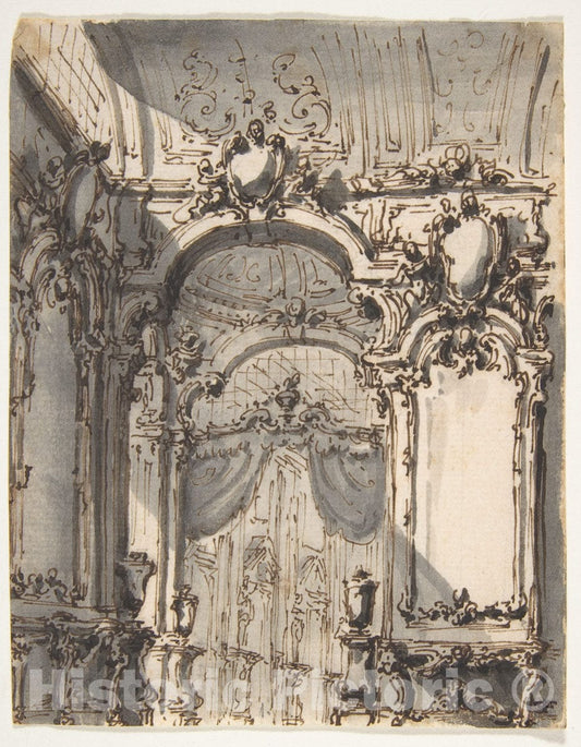 Art Print : Giovanni Battista Natali III - Design for a Stage Set: Interior of a Palazzo Decorated with Large Mirrors and Console Tables : Vintage Wall Art