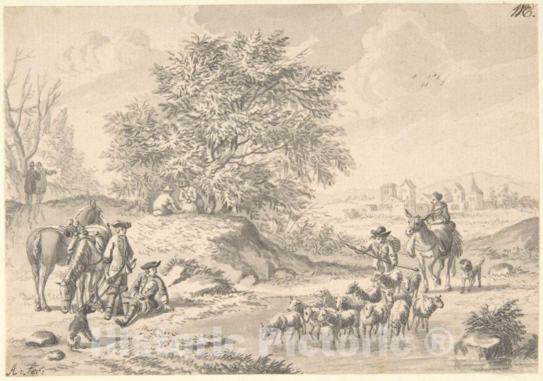 Art Print : Nicolaas Aartman - Landscape with Resting Cavaliers and a Shepherd with his Flock : Vintage Wall Art
