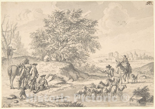 Art Print : Nicolaas Aartman - Landscape with Resting Cavaliers and a Shepherd with his Flock : Vintage Wall Art
