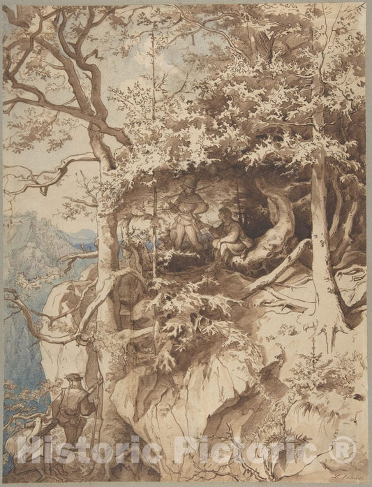 Art Print : August Leopold Venus - Hunters in an Outlook on a Mountain : Vintage Wall Art