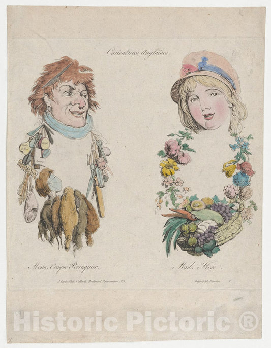 Art Print : Anonymous, French, 19th Century - Caricatures Anglaises: Monsieur Craque Perruquier et Mademoiselle Flore : Vintage Wall Art