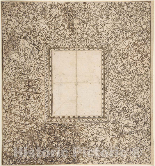 Art Print : German, 17th Century - Design for a Frame with foliates and putti : Vintage Wall Art