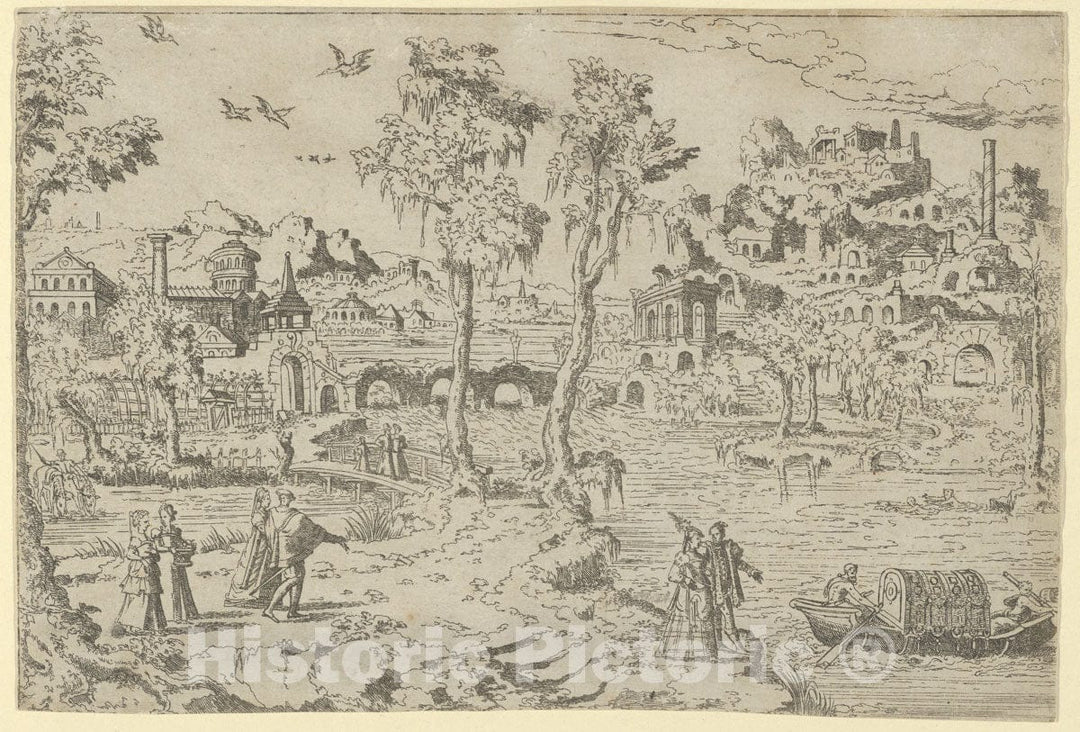 Art Print : Léon Davent - Landscape with Ruins, courtiers, and a Gondola : Vintage Wall Art
