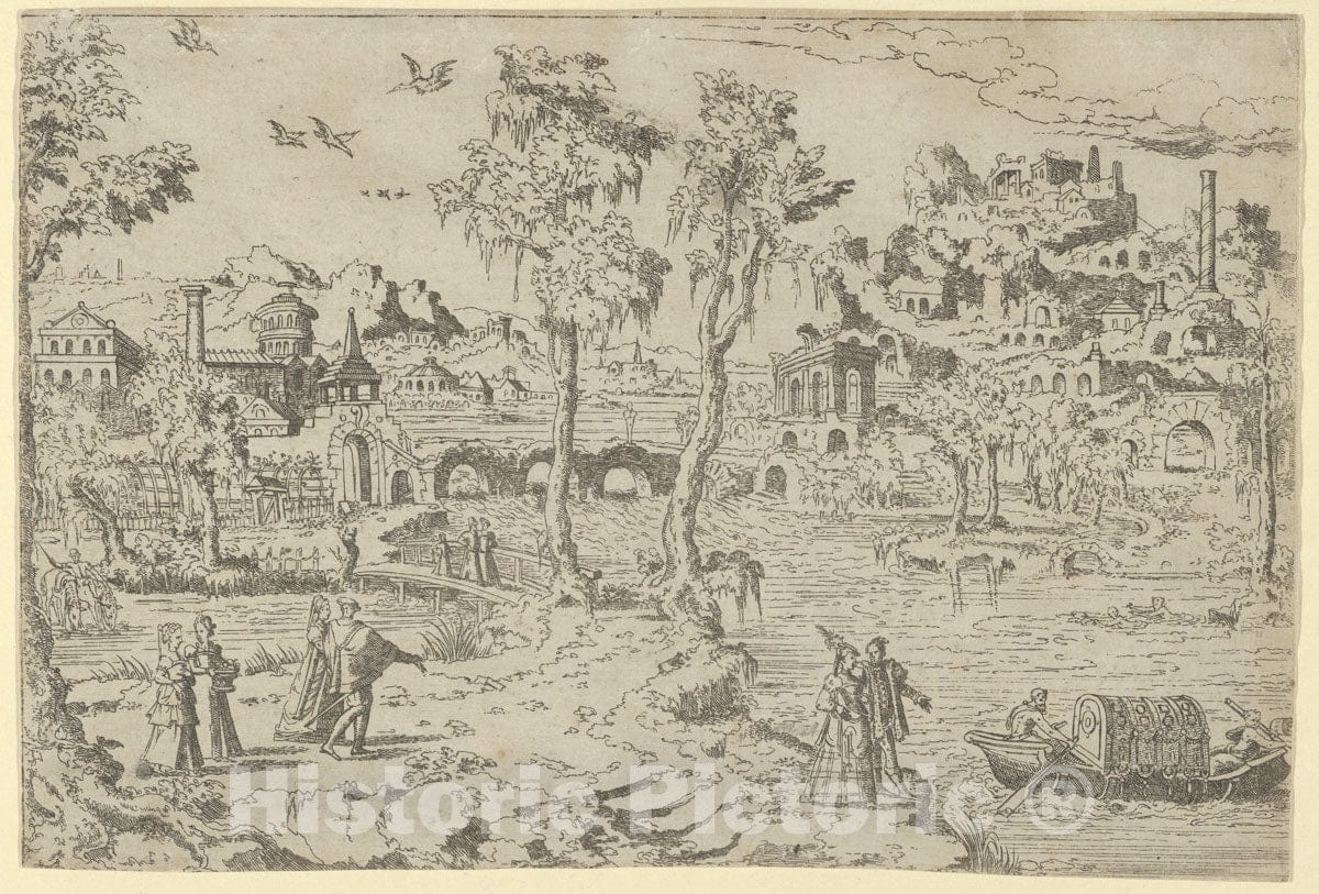 Art Print : Léon Davent - Landscape with Ruins, courtiers, and a Gondola : Vintage Wall Art