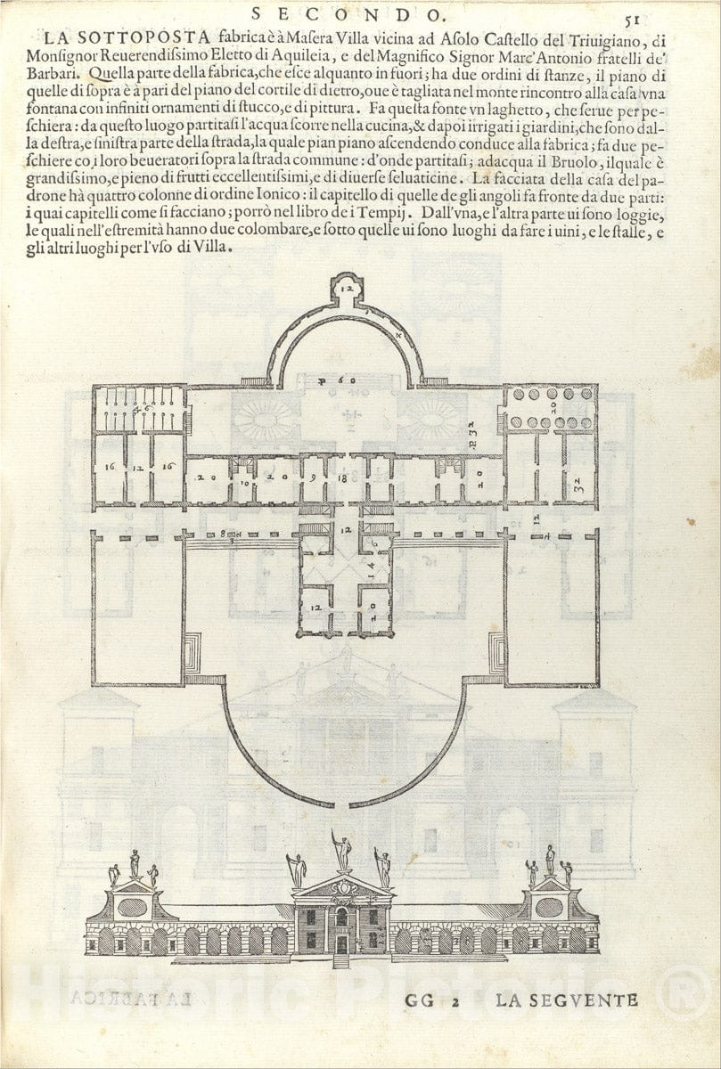 Art Print : Andrea Palladio - Villa Barbaro, from I Quattro libri dell'architettura di Andrea Palladio (Book 2, Page 51) : Vintage Wall Art