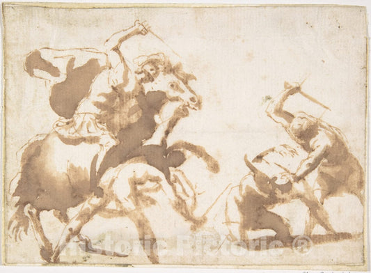 Art Print : Francesco Allegrini - Horsemen and Three Foot Soldiers in Battle : Vintage Wall Art