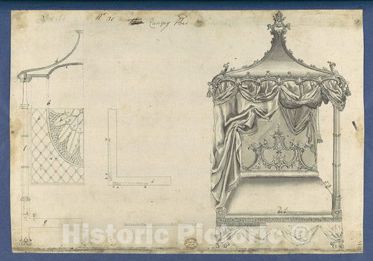Art Print : Thomas Chippendale - Canopy Bed, in Chippendale Drawings, Vol. I : Vintage Wall Art