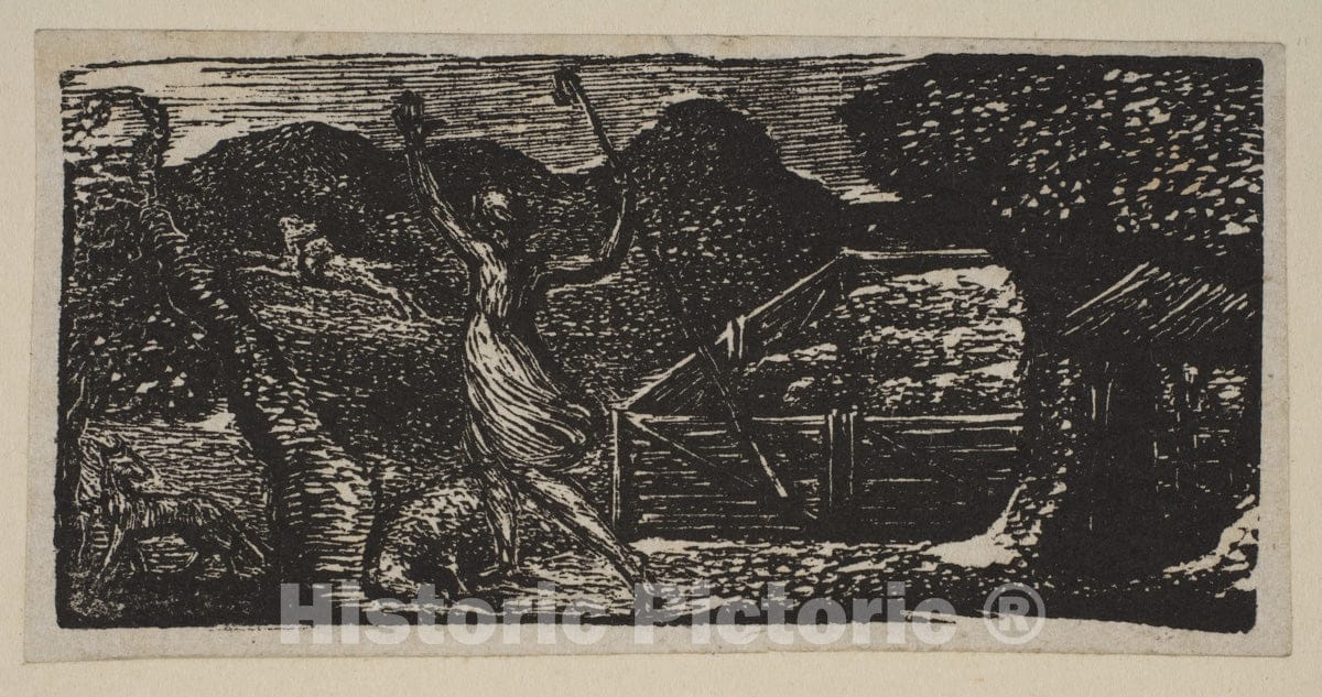 Art Print : William Blake - Shepherd Chases Away a Wolf, from Thornton's Pastorals of Virgil 1 : Vintage Wall Art