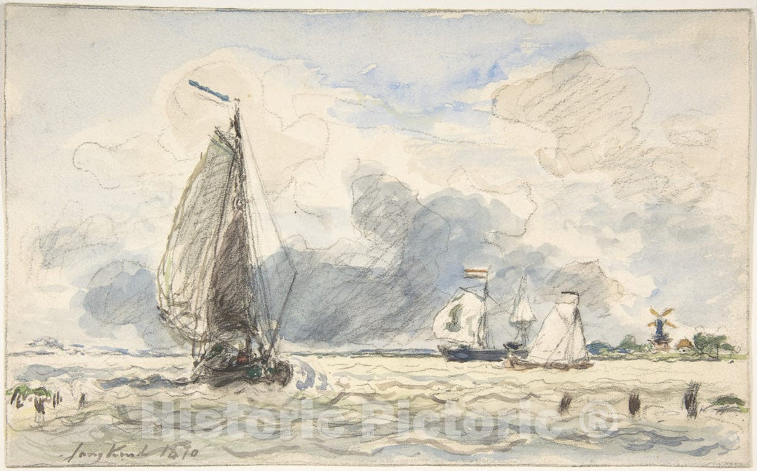 Art Print : Johan Barthold Jongkind - Dutch Fishing Boats, Verso: Sketches of Boats : Vintage Wall Art