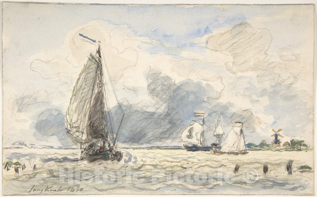 Art Print : Johan Barthold Jongkind - Dutch Fishing Boats, Verso: Sketches of Boats : Vintage Wall Art