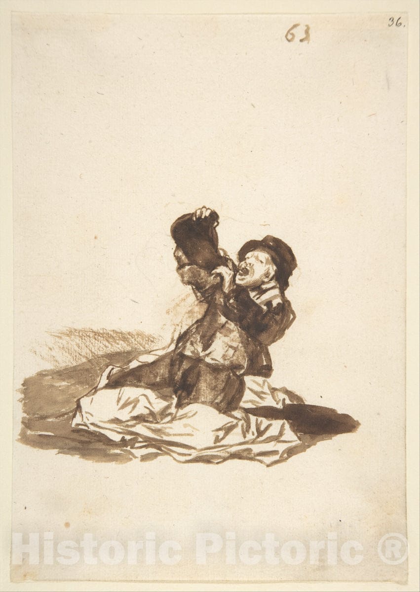 Art Print : Goya - A Man Drinking from a Wine Skin; Images of Spain Album, 63 : Vintage Wall Art