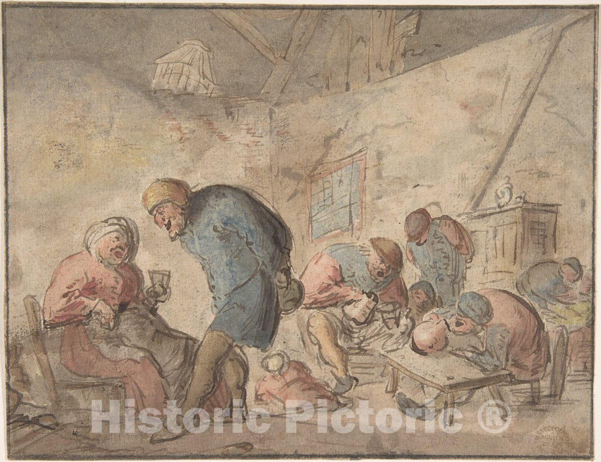 Art Print : Adriaen Van Ostade - Peasants Drinking Verso: Sketches of Peasants : Vintage Wall Art