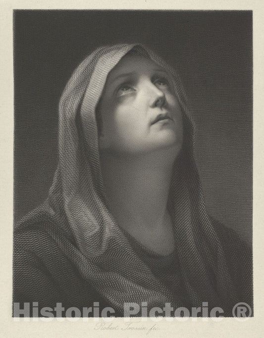 Art Print : Engraved by Robert Trossin - Head of The Virgin Looking up to The Right, After Reni : Vintage Wall Art