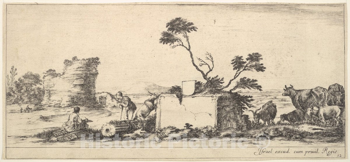 Art Print : Plate 12: a Seated Draughtsman to Left - Artist: Stefano Della Bella - Created: c1641 v.1 : Vintage Wall Art