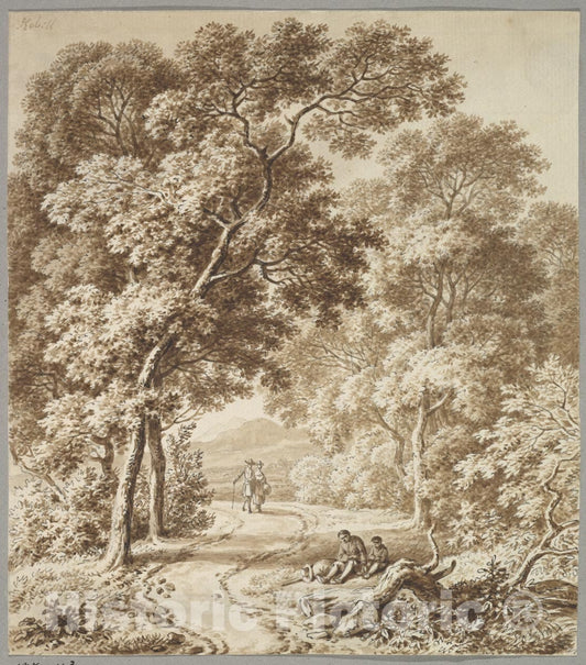Art Print : Ferdinand Kobell - A Path Bordered by Trees with Two Beggars and a Couple Strolling : Vintage Wall Art