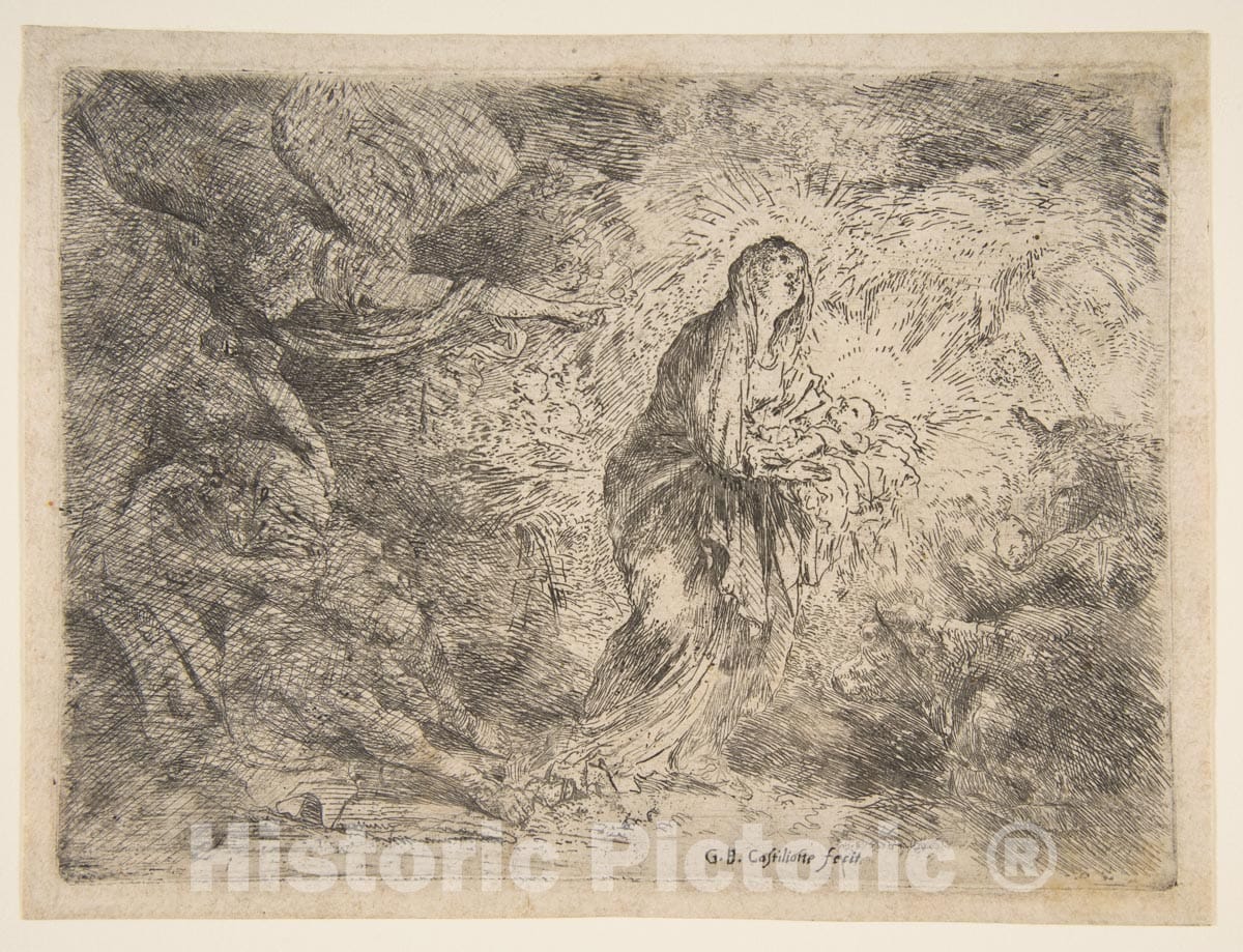 Art Print : Giovanni Benedetto Castiglione (Il Grechetto) - The Angel Awakening Joseph to The Presence of The Virgin and Child 2 : Vintage Wall Art