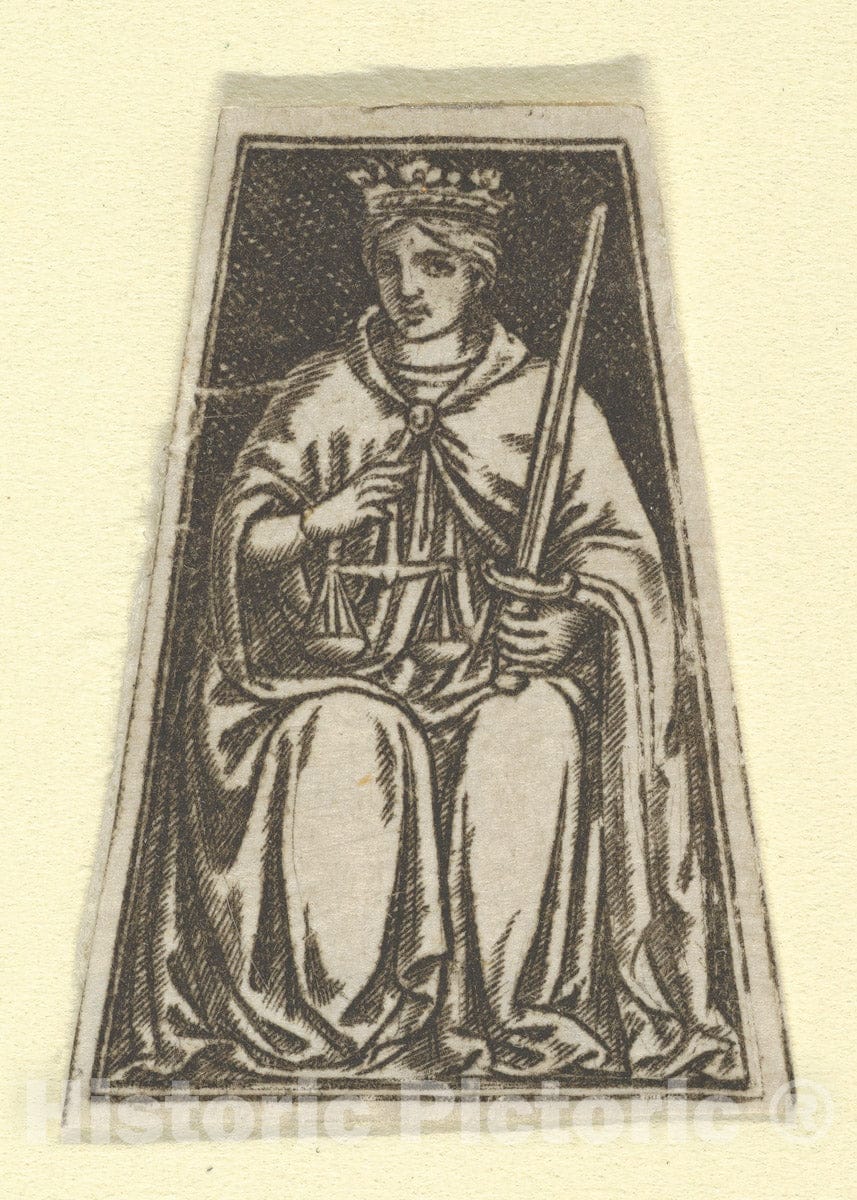Art Print : Anonymous - The Cardinal Virtue of Justice Represented by a Seated Woman Holding a Pair of Scales and a Sword (Possibly a Modern Impression) : Vintage Wall Art