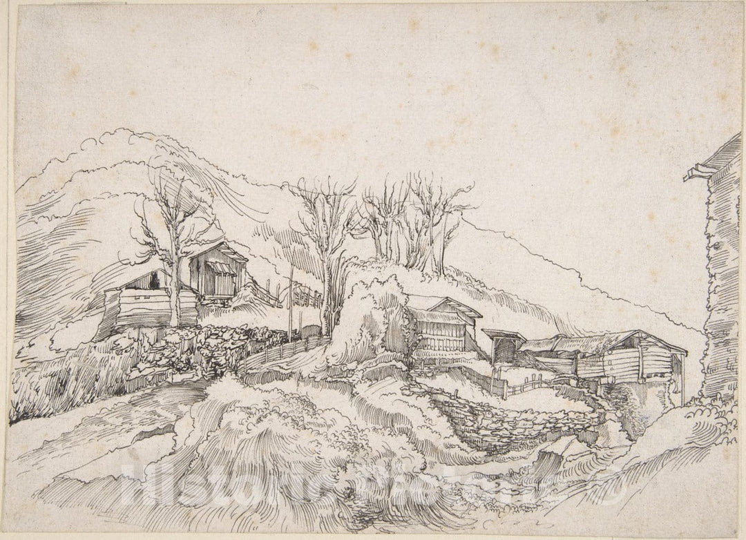 Art Print : Circle of Wolfgang Huber - Cottages in a Rocky Landscape : Vintage Wall Art