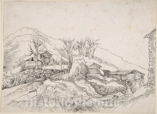 Art Print : Circle of Wolfgang Huber - Cottages in a Rocky Landscape : Vintage Wall Art