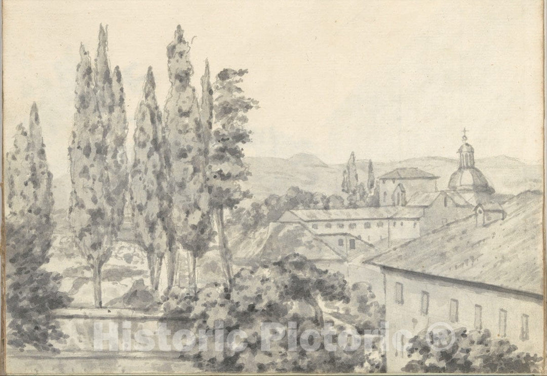 Art Print : Joseph Wright (Wright of Derby) - Landscape with Villas and a Church (Smaller Italian Sketchbook, Leaf 6 Recto) : Vintage Wall Art