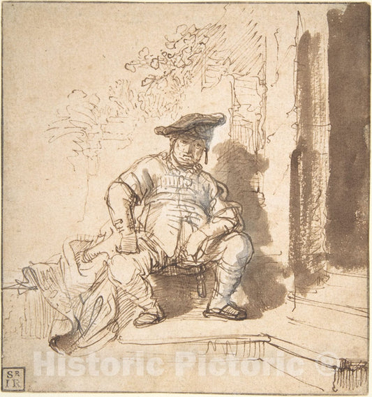 Art Print : Rembrandt (Rembrandt Van Rijn) - Seated Man Wearing a Flat Cap : Vintage Wall Art