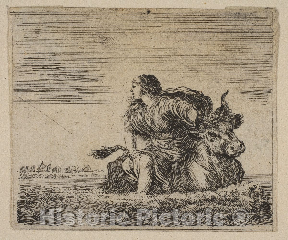 Art Print : Etched by Stefano Della Bella - Jupiter and Europa, from 'Game of Mythology' (Jeu de la Mythologie) : Vintage Wall Art