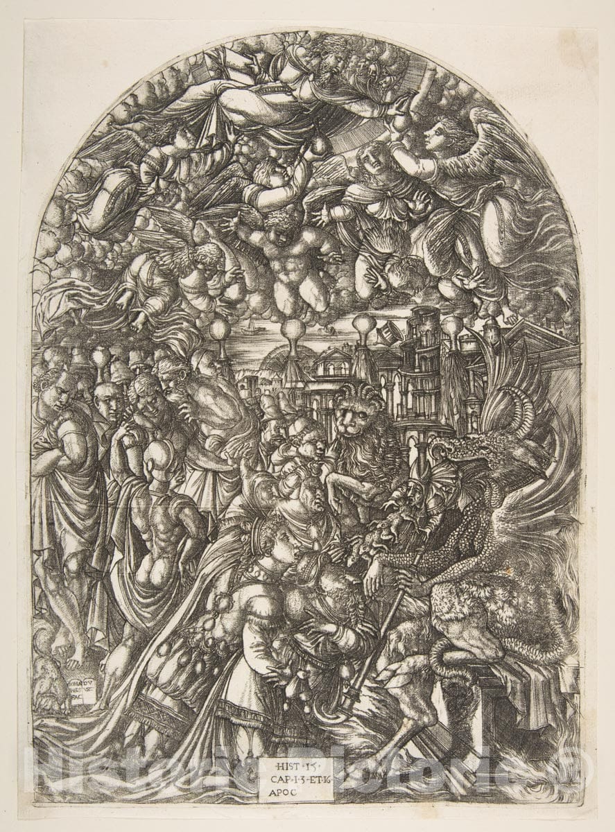 Art Print : Jean Duvet - The Dragon with Two Horns and The Beast with Seven, from The Apocalypse : Vintage Wall Art