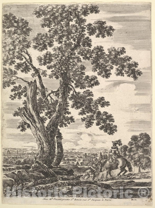 Art Print : A Woman on Horseback seen from Behind Descending a Hill to The Right - Artist: Stefano Della Bella - Created: c1652 : Vintage Wall Art