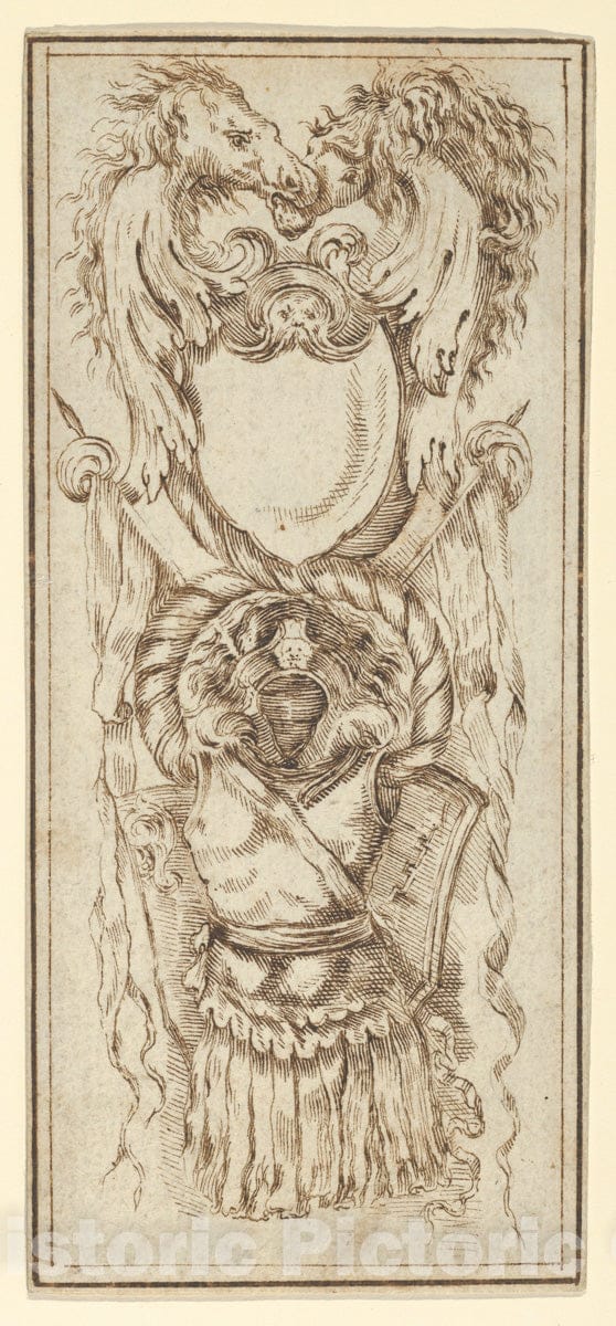 Art Print : Stefano Della Bella - Ornament with Armor and Horses' Heads : Vintage Wall Art