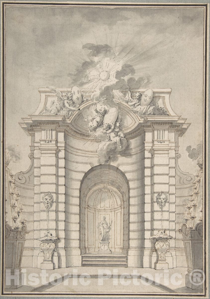 Art Print : Guillaume Thomas Raphaël Taraval - Design for Festival Architecture for an Entry into Paris for The King of Sweden, Fredrerick I of Hesse : Vintage Wall Art